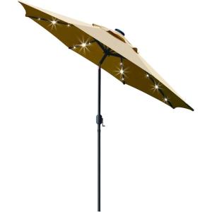 imageSunnyglade 9 Solar LED Lighted Patio Umbrella with 8 RibsTilt Adjustment and Crank Lift System BlackLight Tan